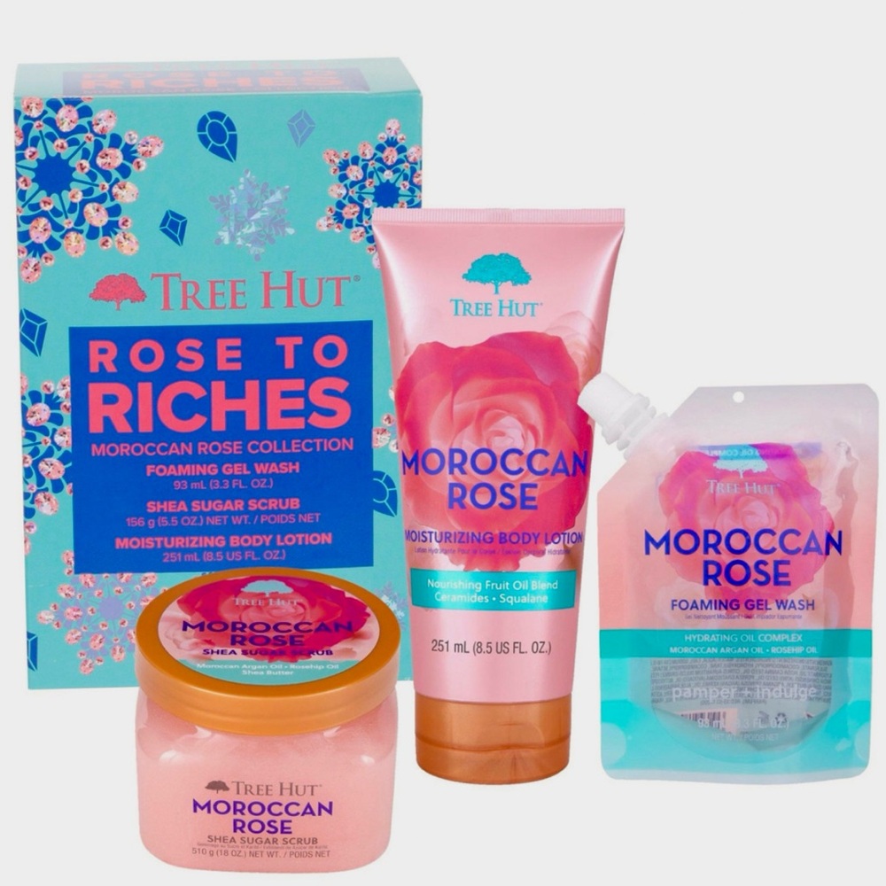 Tree Hut Set Bundle Rose To Riches Body Care Set Gel, Scrub & Lotion + Free gift